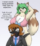 anthro big_breasts breasts cleavage clothed clothing dialogue duo eyewear female glasses hair huge_breasts male text barn-flakes geckoguy123456789 hazel_(gyro-furry) mammal procyonid raccoon english_text