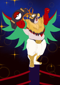 anthro championship_belt fighting_ring male muscular overweight perching short_male short_stack stocky turnbuckle wrestler demitiger1 nintendo pokemon mateo_de_la_rosa avian generation_9_pokemon mega_evolution mega_hawlucha pokemon_(species) absurd_res hi_res
