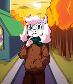 anthro autumn brown_clothing brown_eyes clothed clothing detailed_background eyewear fur fur_tuft glasses green_scarf hair hand_in_pocket horn looking_at_viewer male outside plant pockets scarf sidewalk sky solo sun text topwear tree tuft white_body white_fur anonymous_artist deltarune undertale_(series) ralsei bovid caprine goat mammal monster digital_media_(artwork)