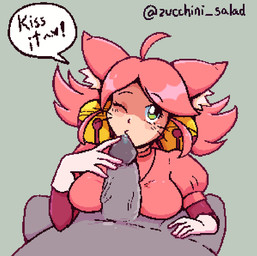accessory animal_ears antenna_hair bell big_penis bodily_fluids breasts clothing duo erection eyelashes eyes_closed female female_humanoid first_person_view genitals gloves green_eyes hair hair_accessory handwear inner_ear_fluff kiss_on_penis kissing looking_at_viewer male male/female medium_breasts one_eye_closed penile penis penis_between_breasts pink_clothing pink_hair saliva saliva_on_tongue short_hair tied_hair tuft vein veiny_penis whiskers white_clothing wink winking_at_viewer zucchini_salad deltarune undertale_(series) anon mew_mew_(undertale) pink_(deltarune) animal_humanoid felid felid_humanoid feline feline_humanoid humanoid mammal mammal_humanoid 2026 digital_drawing_(artwork) digital_media_(artwork) upscale