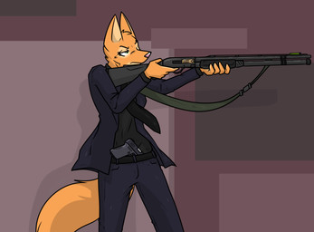 accessory anthro bottomwear clothed clothing eyebrow_piercing facial_piercing female fur gun half-closed_eyes handgun holding_gun holding_object holding_ranged_weapon holding_shotgun holding_weapon narrowed_eyes necktie orange_body orange_fur pants piercing ranged_weapon shotgun solo standing suit tail topwear weapon ryofox630 dreamworks john_wick the_bad_guys diane_foxington john_wick_(character) canid canine fox mammal digital_media_(artwork) hi_res