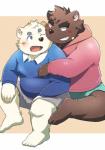 anthro blue_eyes blush bottomwear brown_body brown_fur clothing cute_fangs duo fangs fur hoodie hug hugging_another hugging_from_behind male one_eye_closed overweight overweight_male shorts sitting teeth topwear wink diru11 bear mammal polar_bear ursine 2019