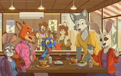aloha_shirt anthro beverage black_nose blue_body blue_scales breasts brown_body brown_feathers brown_fur brown_hair burger clothed clothed_anthro clothed_female clothed_male clothing double_date fangs feathers female feral food forked_tongue fur grey_body grey_fur group hair jacket male male/female multicolored_body multicolored_fur open_mouth open_smile pattern_clothing pattern_shirt pattern_topwear red_body red_fur restaurant salad scales shirt smile t-shirt tan_body tan_fur teeth tongue tongue_out topwear two_tone_body two_tone_fur white_body white_fur sammfeatblueheart beastars disney zootopia gary_de'snake haru_(beastars) jay_(sammfeatblueheart) judy_hopps legoshi_(beastars) nick_wilde twix_(sammfeatblueheart) avian bird canid canine canis fox lagomorph leporid mammal rabbit reptile scalie snake trogon trogonid wolf 2025 absurd_res crossover hi_res signature