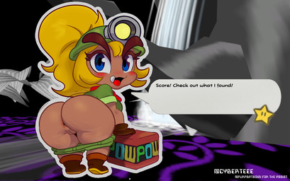 anus armor bent_over big_butt blonde_hair blue_eyes blush boots bottomless bottomwear bottomwear_down brown_body butt butt_focus clothed clothing dark_body dark_skin dialogue eyebrows eyelashes fangs female footwear genitals gloves green_clothing hair handwear headgear helmet kerchief long_hair looking_at_viewer looking_back looking_back_at_viewer no_underwear open_mouth outline pants pants_down partially_clothed plant ponytail pow_block presenting presenting_hindquarters rear_view red_kerchief shirt shoes shortstack shortstack_female solo speech_bubble standing star talking_to_viewer tan_body tan_skin teeth text thick_eyebrows thick_thighs tongue topwear video_game_background vulva waterfall wide_hips cybert purpbatboi mario_bros nintendo paper_mario goombella goomba humanoid english_text signature
