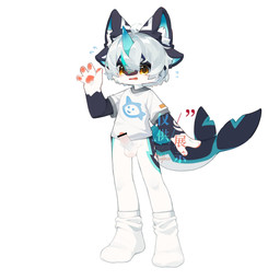 4_ears 4_fingers 4_toes ahoge anthro balls bangs black_body black_ears black_fur blue_body blue_fur blue_highlights blue_horn blue_inner_ear blush blush_lines bodily_fluids bottomless bottomless_anthro bottomless_male censor_bar censored_genitalia censored_penis cetacean_tail cheek_tuft circle_eyebrows clothed clothing emanata embarrassed erection eyebrows facial_tuft feet fin fingers footwear foreskin fur fur_markings genitals gesture hair highlights_(coloring) horn humiliation inner_ear_fluff legwear looking_at_viewer male markings multi_ear open_mouth orange_eyes partially_clothed pawpads penis pink_pawpads shirt simple_background smiley_face socks solo sweat sweatdrop tail tail_fin toes topwear tuft waving waving_at_viewer white_background white_body white_clothing white_footwear white_fur white_hair white_inner_ear_fluff white_shirt white_socks white_topwear young young_anthro young_male windbiom hefeng_character aquatic cetacean furred_cetacean mammal 1:1 absurd_res censored hi_res watermark