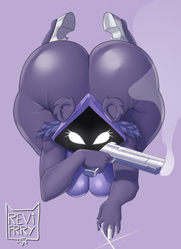 anthro big_butt biped breasts butt clothing eyelashes female footwear gun holding_gun holding_object holding_ranged_weapon holding_weapon huge_butt looking_at_viewer purple_body ranged_weapon shoes solo thick_thighs weapon revifrry epic_games fortnite raven_team_leader bear mammal absurd_res hi_res