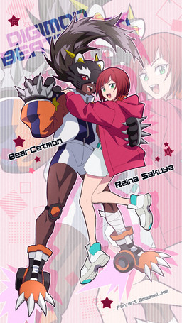 boots bottomwear claws clothing dark_body dark_skin duo female footwear green_eyes hair hug paws raccoon_tail_hair red_eyes red_hair shoes shorts smile spiked_knuckles tracksuit mazaki_kei bandai_namco digimon digimon_beatbreak reina_sakuya animal_humanoid bearcatmon digimon_(species) human humanoid mammal mammal_humanoid procyonid procyonid_humanoid raccoon_humanoid 9:16 hi_res