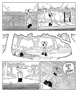 4_fingers 5_panel_comic anthro apartment_building arrow_sign balcony biped black_bottomwear black_clothing black_pants borderless_panel bottomwear closed_smile clothing deciduous_tree dialogue dirt_path ear_piercing eye_bags eyelashes female fingers fist footwear fungus grass hands_behind_back hedge inhale log looking_at_reflection looking_at_self mouth_closed mouthless outside pants piercing plant rock shrub sidewalk sign skylight sliding_door smile solo speech_bubble stairs talking_to_self text text_on_sign topwear tree undercut walking window wood yelling horseonvhs autumn_winters_(horseonvhs) mammal rodent comic halftone handwritten_text nonbinary_(lore)