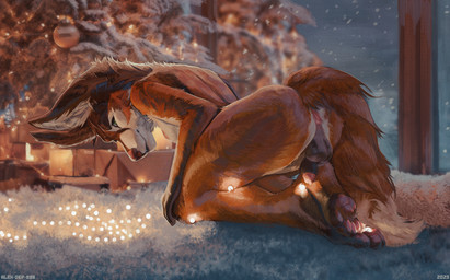 ambiguous_fluids animal_genitalia animal_penis anthro anus ball balls basketball_(ball) bodily bodily_fluids brown_body brown_ears brown_fur butt canine_genitalia canine_penis erection feet fingers fur garland genital_fluids genitals gift green_eyes holidays kneeling lamp male markings multicolored_body multicolored_fur nipples orange_body orange_fur pawpads paws penis penis_tip pink_nipples pink_pawpads pink_penis presenting presenting_anus red_nose relaxing smile solo tail tail_markings text toes window winter alex-dep-998 christmas canid canine fox mammal 16:10 2025 artist_name digital_media_(artwork) hi_res widescreen