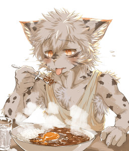 adolescent anthro armpit_tuft black_spots blush blush_stickers bodily_fluids clothing curry eating egg food fur grey_body grey_fur kemono male markings rice shirt simple_background solo spots spotted_body spotted_fur steam sweat sweatdrop tank_top tongue tongue_out topwear young young_male akitainumaru felid mammal pantherine snow_leopard 2026 absurd_res hi_res
