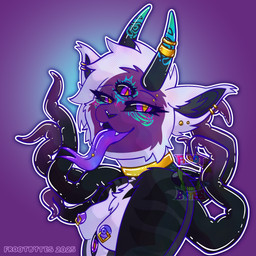 3_eyes anthro areola black_body black_fur black_tentacles blush breasts chest_tuft ear_piercing eyebrow_piercing facial_piercing female forked_tongue fur hair horn looking_at_viewer multi_eye nipple_piercing nipples nude open_mouth piercing purple_body purple_fur purple_tentacles ring_piercing simple_background smile solo teeth tentacles tongue tongue_out tongue_piercing tuft white_body white_fur conditional_dnp frootbytes demon felid feline mammal 1:1 2025 absurd_res bust_portrait digital_media_(artwork) hi_res portrait