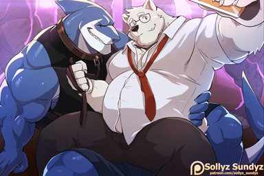 anthro bulge collar duo eyes_closed eyewear glasses leash looking_at_viewer male male/male overweight overweight_anthro overweight_male patreon_logo patreon_username sitting smile spread_legs spreading standing text sollyz patreon bruno_(sollyz) richard_(sollyz) bear fish mammal marine shark 2021 animated url
