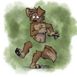 anthro barefoot black_nose black_pawpads brown_body brown_fur camo claws detailed_background disembodied_leg disembodied_tail feet fur looking_down male pawpads solo tinydeerguy matt_riskely canid canine canis domestic_dog mammal 1:1