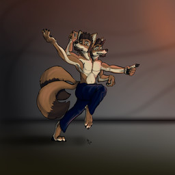 2_heads 2_tails 4_arms 4_toes 6_fingers anthro black_background bottomwear brown_body brown_fur clothed clothing dancing extra_fingers facial_hair featureless_chest feet fingers fur gradient_background grey_background male male_anthro multi_arm multi_head multi_limb multi_tail multicolored_body multicolored_fur multifur orange_eyes pants pants_only pawpads paws polydactyly red_background simple_background solo sunrise tail tan_body tan_fur toes topless coyote-only dom_(coyote-only) canid canine canis coyote mammal 1:1 hi_res