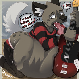 abdominal_bulge belly big_belly bodily_fluids breath clothed clothing electric_guitar guitar huge_belly male musical_instrument oral_vore panting plucked_string_instrument prey_imprint prey_outline raised_clothing raised_shirt raised_topwear rumbling_stomach saliva saliva_on_tongue saliva_string same_size_vore shirt solo string_instrument tail tail_motion tailwag thick_tongue tongue tongue_out topwear vore arkailart aggretsuko sanrio haida_(aggretsuko) hyena mammal 1:1 absurd_res hi_res