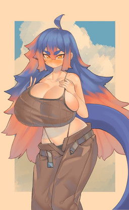 big_breasts blue_hair breasts cleavage clothed clothing female hair huge_breasts hyper hyper_breasts multicolored_hair navel orange_eyes pink_hair solo standing tail thick_thighs wide_hips pincerpencil humanoid character_request hi_res
