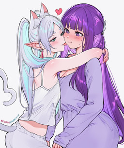 4_ears :t angry bedroom_eyes blush blush_lines bodily_fluids bottomwear breasts camisole cleavage clothed clothing dress duo ear_piercing female female/female female_human female_humanoid gesture green_eyes hair heart_symbol hug human_on_humanoid humanoid_pointy_ears inner_ear_fluff interspecies licking licking_another long_hair looking_at_another multi_ear narrowed_eyes pants piercing pointy_and_animal_ears pointy_ears pouting purple_clothing purple_dress purple_eyes purple_hair seductive shirt simple_background sweat tail tail_gesture tail_heart text tongue tongue_out topwear tuft twintails_(hairstyle) white_background white_bottomwear white_clothing white_hair white_pants white_shirt white_topwear qiandaiyiyu frieren_beyond_journey's_end fern_(frieren) frieren animal_humanoid cat_humanoid elf felid felid_humanoid feline feline_humanoid human humanoid hybrid mammal mammal_humanoid absurd_res digital_drawing_(artwork) digital_media_(artwork) hi_res url