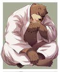 4_toes anthro brown_body brown_fur feet fur humanoid_hands keikogi kemono male martial_arts_uniform simple_background sitting solo sportswear toes park_draw morenatsu juuichi_mikazuki bear mammal 2024 hi_res