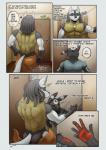 2018 abaddon abs alternate_color anthro anthrofied back_muscles biceps black_body black_fur blood bodily_fluids butt canid canine clothed clothing comic corrsk dialogue digital_media_(artwork) dreadlocks duo eeveelution english_text fur generation_2_pokemon generation_4_pokemon hi_res lucario male mammal muscular muscular_male nintendo nude pecs pokemon pokemon_(species) pokemorph shaesullivan_(artist) smile speech_bubble text topless towel towel_only umbreon underwear wepawet wet