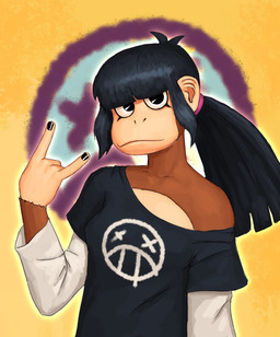 5_fingers anthro bangs black_hair black_nails brown_body brown_fur clothed clothing colored_nails devil_horns_(gesture) female fingers fur gesture hair hand_gesture long_hair looking_at_viewer nails off_shoulder shirt solo t-shirt tied_hair topwear redustheriotact rosie_(loonphantom) haplorhine mammal monkey primate 2022 hi_res