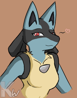 anthro biped black_body black_fur blue_body blue_fur breasts brown_background chest_spike eyelashes facial_markings featureless_breasts female fur half-closed_eyes head_markings heart_symbol markings mask_(marking) narrowed_eyes red_eyes simple_background smile smug solo spikes spikes_(anatomy) text yellow_body yellow_fur kangwolf nintendo pokemon generation_4_pokemon lucario pokemon_(species) 2019 bust_portrait colored digital_drawing_(artwork) digital_media_(artwork) english_text hi_res portrait watermark