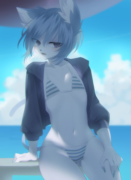 5_fingers anthro arm_support beach bikini biped black_nose blue_ears blue_eyes blue_hair claws clothed clothing cloud day detailed_background eyelashes female female_anthro finger_claws fingers flat_chested front_view fur hair humanoid_hands inner_ear_fluff jacket kemono leaning leaning_backward looking_at_viewer midriff monotone_body monotone_fur monotone_hair navel open_clothing open_jacket open_mouth open_topwear outside pattern_bikini pattern_clothing pattern_swimwear pupils sea seaside short_hair sky slim slit_pupils solo standing striped_bikini striped_clothing striped_swimwear stripes swimwear topwear triangle_bikini tuft two-piece_swimsuit umbrella water white_body white_fur white_inner_ear white_inner_ear_fluff haita domestic_cat felid feline felis mammal absurd_res digital_media_(artwork) hi_res portrait three-quarter_portrait
