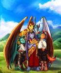 anthro blue_body blue_eyes blue_scales clothed clothing detailed_background family family_photo female gold_scales group horn looking_at_viewer male membrane_(anatomy) membranous_wings orange_body orange_scales outside scales smile standing tail wings young mrfuriu mythology dragon mythological_creature mythological_scalie scalie 2018 digital_media_(artwork) hi_res father_(lore) mother_(lore) parent_(lore) son_(lore)