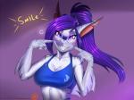 5_fingers anthro bra breasts cleavage clothed clothing ear_piercing eyebrows eyelashes female fin fingers front_view grey_body grin hair long_hair looking_at_viewer midriff non-mammal_breasts piercing ponytail purple_hair sharp_teeth smile solo sports_bra teeth text underwear doomthewolf sally_(doomthewolf) fish marine shark 2016 4:3 english_text hi_res