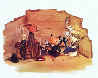 anthro backpack bandage clothing collar cuff_(restraint) female fur group gun handcuffs handgun male metal_cuffs pistol prisoner ranged_weapon restraints rifle shackles shock_collar text uniform weapon tumugi_topia disney zootopia jack_savage judy_hopps nick_wilde skye_(zootopia) canid canine fox lagomorph leporid mammal rabbit red_fox true_fox 2017 5:4 japanese_text romaji_text translation_request