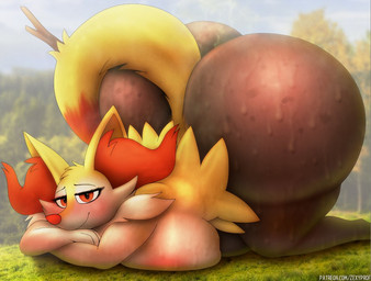 anthro areola ass_up big_breasts big_butt bodily_fluids breast_squish breasts butt closed_smile female front_view half-closed_eyes huge_butt hyper hyper_butt inner_ear_fluff looking_at_viewer lying mouth_closed narrowed_eyes on_front outside seductive smile solo squish sweat sweaty_butt text tuft zexyprof nintendo pokemon braixen generation_6_pokemon pokemon_(species) 2025 colored digital_media_(artwork) shaded url