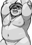 absurd_res anthro bear belly blush clothing eyewear featureless_crotch glasses hat headgear headwear hi_res kumamikan lifewonders male mammal musclegut muscular navel nipples nude obese overweight pecs solo straw_hat tokyo_afterschool_summoners volos_(tas)