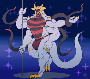 4_arms anthro anthrofied big_bulge bulge clothed clothing grey_body male multi_arm multi_limb muscular muscular_anthro muscular_male nipples pecs pole solo sparkles stripper_pole thong topless underwear daikuhiroshiama nintendo pokemon altered_forme_giratina generation_4_pokemon giratina legendary_pokemon pokemon_(species) hi_res