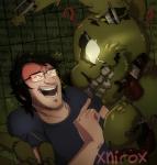 5_fingers anthro black_hair bodily_fluids clothing duo eye_contact eyewear fingers fur glasses glowing glowing_eyes hair looking_at_another machine male open_mouth panicking question_mark smile sweat teeth text conditional_dnp xnirox five_nights_at_freddy's five_nights_at_freddy's_3 scottgames markiplier springtrap_(fnaf) animatronic human lagomorph leporid mammal rabbit robot 2015