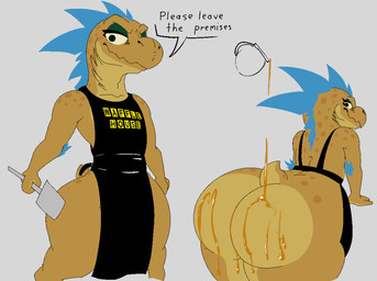anthro apron apron_only bent_over big_butt butt clothing dialogue huge_butt looking_at_viewer looking_back male solo spatula speech_bubble syrup text tools mukihyena halo_(series) microsoft waffle_house xbox_game_studios kiggy alien kig-yar ruuhtian scalie digital_media_(artwork) english_text