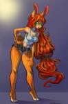 2018 anthro aria_(machotacoman) bottomwear breasts camisole chest_tuft cleavage clothed clothing dolphin_shorts female fur green_eyes hair hi_res lagomorph leporid light_source long_hair mammal medium_breasts merriberry multicolored_body multicolored_fur orange_body orange_fur orange_hair rabbit shorts solo tuft two_tone_body two_tone_fur