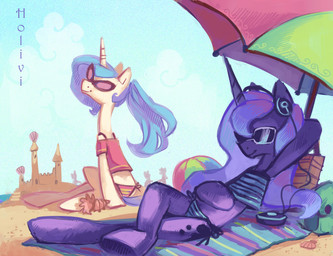 beach beach_umbrella bikini blue_hair cd_player clothing cloud cutie_mark duo electronics eyewear female feral hair headphones horn long_hair multicolored_hair outside parasol ponytail sand seaside side-tie_bikini side-tie_clothing side-tie_swimwear sky string_bikini summer sun sunglasses swimwear tankini two-piece_swimsuit holivi friendship_is_magic hasbro my_little_pony mythology princess_celestia_(mlp) princess_luna_(mlp) equid equine mammal mythological_creature mythological_equine unicorn 2012 absurd_res hi_res