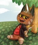 anthro big_sister_villager bodily_fluids bottomless clothed clothing female genital_fluids genitals grass looking_at_viewer nature plant pussy resting semi-anthro sitting solo tree vaginal_fluids yang_(artist) animal_crossing nintendo katt_(animal_crossing) domestic_cat felid feline felis mammal hi_res