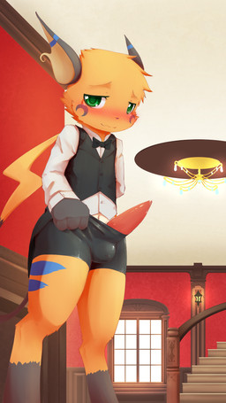 alternative_fashion anthro big_eyes big_head biped black_tie_(suit) blush bodily_fluids bottomwear bottomwear_pull bow_(feature) bow_tie bulge butler chandelier clothed clothing clothing_pull collared_shirt detailed_background digitigrade dress_shirt embarrassed erection eyebrows genital_fluids genitals green_eyes hand_behind_back inside j-fashion lamp lantern looking_at_viewer male navel ouji_(fashion) penis precum presenting presenting_penis railing raised_inner_eyebrows shirt shorts shorts_pull shota shy simple_background smile solo stairs standing suit tapering_penis tight_bottomwear tight_clothing tight_shorts topwear vest window young young_anthro nobusuke nintendo pokemon fan_character generation_1_pokemon pokemon_(species) raichu 9:16 hi_res