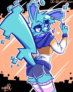 5_fingers anthro black_background blue_body blue_fur blue_hair blue_mouth blue_sclera blue_tail blue_tongue bottomwear claws clothing fangs female fingers fur hair heart_symbol legwear looking_at_viewer looking_back looking_back_at_viewer shorts simple_background solo tail tan_background teeth thigh_highs tongue exopl0x geometry_dash nintendo pokemon shockwave_(liquafusion) eeveelution generation_1_pokemon jolteon pokemon_(species) 2026 4:5 hi_res watermark