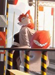 anthro athletic_wear clenched_teeth clothed clothing coat ear_piercing female fully_clothed hair hoodie inner_ear_fluff jacket outside piercing platform railing railway railway_track red_hair relaxing solo tail tail_mouth teeth topwear train_station tuft unusual_anatomy unusual_tail lanhai legend_of_ahya ahya_(legend_of_ahya) taylor_renee_wolford_(darkflamewolf) canid canine canis mammal wolf digital_media_(artwork) hi_res portrait shaded three-quarter_portrait