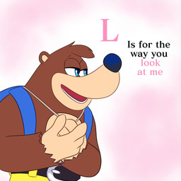 backpack belt black_nose blue_eyes bottomwear brown_body brown_fur clothed clothing fur half-closed_eyes hand_on_chest head_tuft jewelry looking_aside male narrowed_eyes necklace open_mouth pink_background shorts simple_background smile solo teeth topless tuft skelly_doll banjo-kazooie rareware banjo_(banjo-kazooie) bear mammal 1:1 2020 hi_res