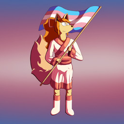 anthro asian_clothing boots bottomwear clothing east_asian_clothing female flag flag_(object) fluffy fluffy_tail footwear hair holding_flag holding_object japanese_clothing kimono lgbt_pride orange_hair pride_colors shoes skirt smile solo standing tail transgender_pride_colors trycia_lotus undertale_yellow ceroba_ketsukane canid canine fox mammal 1:1 absurd_res cel_shading hi_res shaded