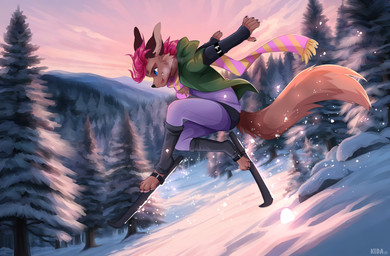 ambiguous_gender anthro clothing footwear forest hair plant ski snow socks solo sport sportswear tree kidaoriginal john_(anatolyfox) canid canine fennec_fox fox mammal true_fox absurd_res hi_res