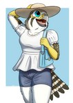 anthro bottomwear clothed clothing denim denim_bottomwear denim_clothing dress female hat headgear headwear jeans pants shorts solo sun_hat sundress fish_birb evy_(fish_birb) american_kestrel avian bird falcon falconid kestrel absurd_res hi_res