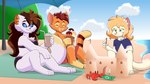 absurd_res anthro beach bikini clothing domestic_cat felid feline felis female group hi_res john_rogers_(travis_the_dragon) male mammal mileena_smith_(travis_the_dragon) sand_castle sculpture stacy_smith_(travis_the_dragon) swimwear travis_the_dragon trio