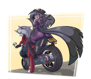 anthro beanie big_breasts big_butt biker biker_outfit black_hair blush bodysuit border breasts butt clothing duo eyelashes feathers female glistening_eyelids hair happy hat headgear headwear license_plate long_eyelashes long_hair looking_at_viewer looking_back looking_back_at_viewer motorcycle open_mouth open_smile pink_sclera purple_bodysuit purple_clothing purple_skinsuit red_bodysuit red_clothing red_sclera red_skinsuit riding_motorcycle simple_background skinsuit smile tail tail_feathers thick_thighs tight_clothing tight_skinsuit vehicle white_border white_hair yellow_background stormrayneart hellaverse helluva_boss mythology loona_(helluva_boss) octavia_(helluva_boss) avian avian_demon bird canid canid_demon canine demon hellhound mammal mythological_canine mythological_creature owl owl_demon 2026 absurd_res hi_res