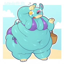 anthro beach belly big_belly big_breasts bikini bodily_fluids breasts clothing female handbag huge_belly obese obese_anthro obese_female overweight overweight_anthro overweight_female solo sweat swimwear tail thick_thighs two-piece_swimsuit wide_hips robirobi animal_crossing nintendo azalea_(animal_crossing) mammal rhinoceros hi_res