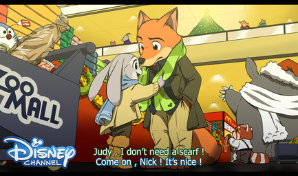 ambiguous_gender anthro baguette barefoot black_bars boots bottomwear bread christmas_tree clothed clothing dialogue feet food footwear fully_clothed fur grey_body grey_fur group holidays inside jacket looking_at_another open_mouth pants pink_nose plant scarf shoes shopping text topwear tree doraemonbasil christmas disney doraemon ghibli mcdonald's my_neighbor_totoro zootopia judy_hopps nick_wilde totoro ailurid canid canine fox lagomorph leporid mammal rabbit red_fox red_panda true_fox english_text hi_res letterbox