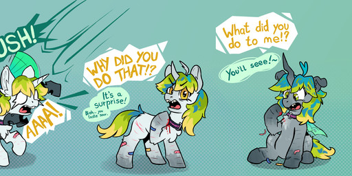 ambush attack band-aid bandage bite blood bodily_fluids collar feral happy scar self-harm_scars sitting solo stimming text transformation twinning furufoo friendship_is_magic hasbro my_little_pony billy_(impamy) lemon_blossom arthropod changeling_(mlp) absurd_res english_text hi_res long_image sequence wide_image