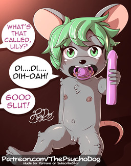 anthro areola biped black_nose dialogue dildo eyebrows feet female flat_chested genitals green_eyes green_hair hair holding_dildo holding_object holding_sex_toy looking_at_viewer navel nipples nude object_in_mouth offscreen_character open_mouth pacifier pacifier_in_mouth sex_toy short_hair sitting soles solo speech_bubble teeth text toddler toes tongue vulva young young_anthro young_female thepsychodog lily_(psychodog) cricetid grasshopper_mouse mammal rodent 2024 english_text hi_res